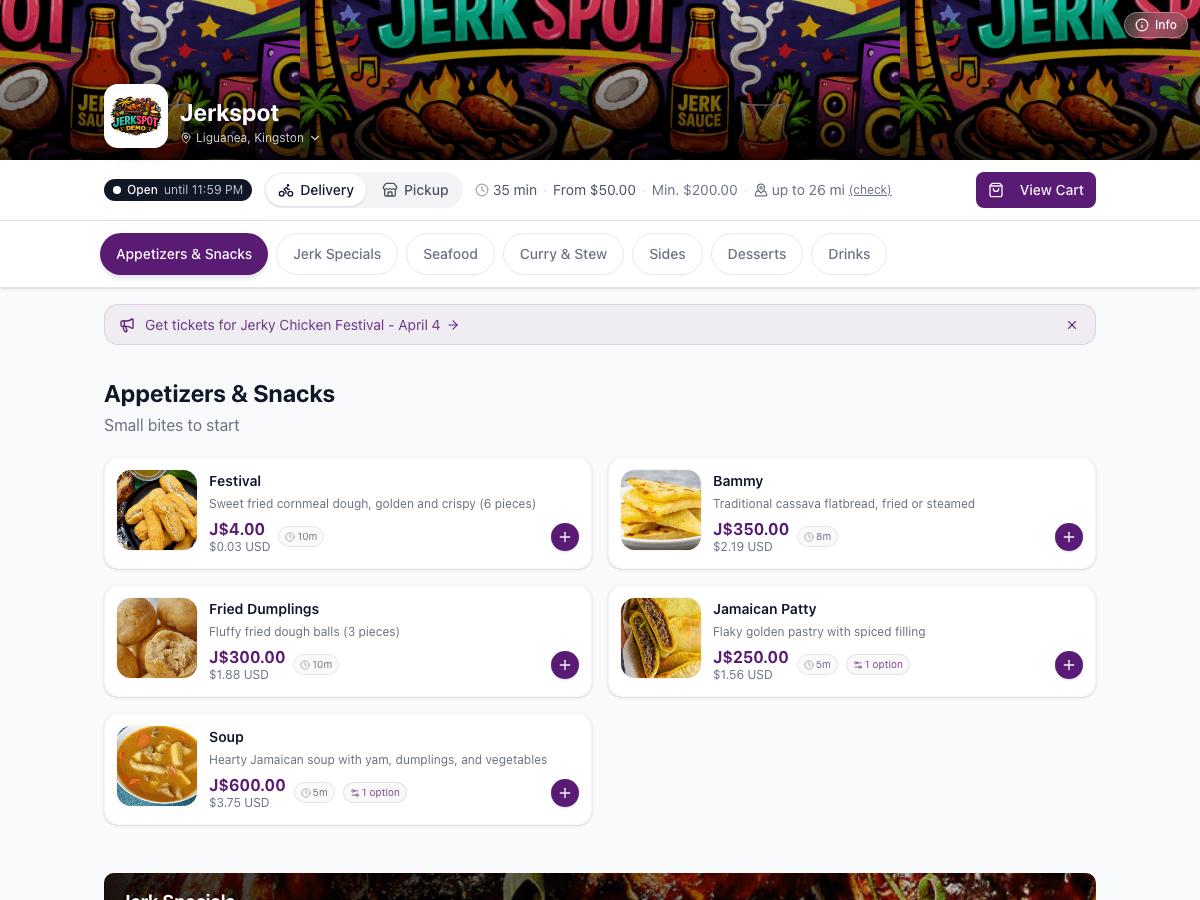 Example restaurant page on MaliaFood — jerkspot.malia.food